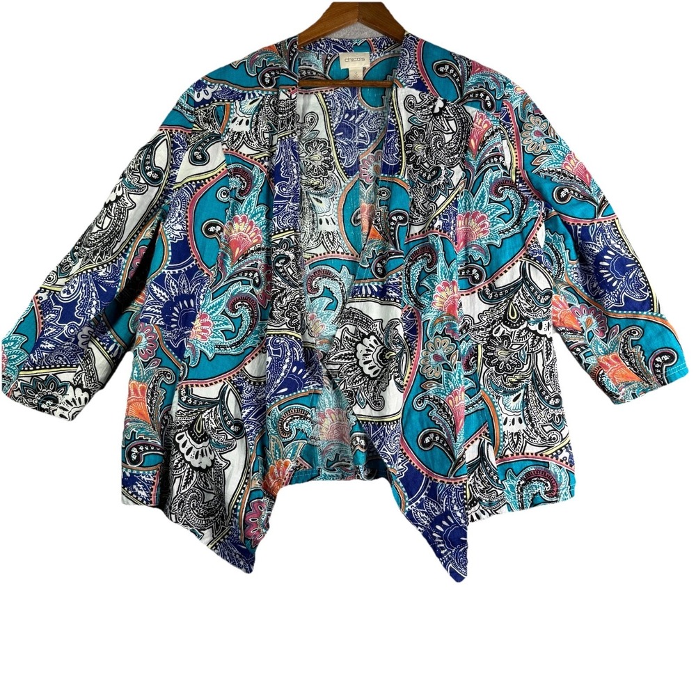 Chico's 100% Linen Open Cardigan 3 (XL) Abstract Floral Paisley All Over Print